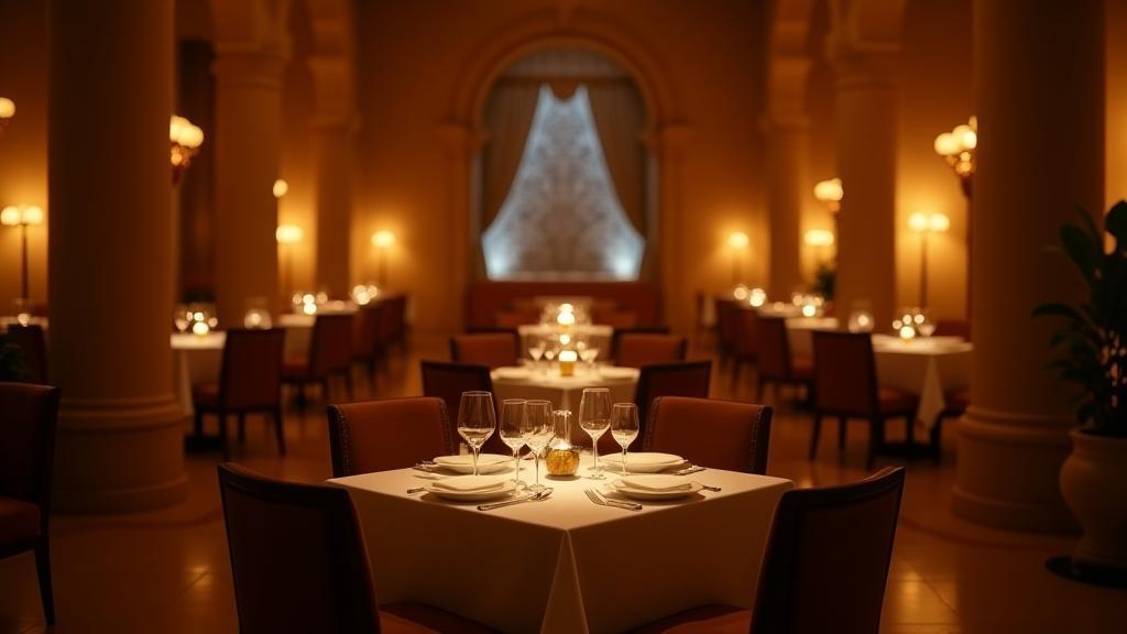 Elegant Emirati-inspired dining setting with ambient lighting